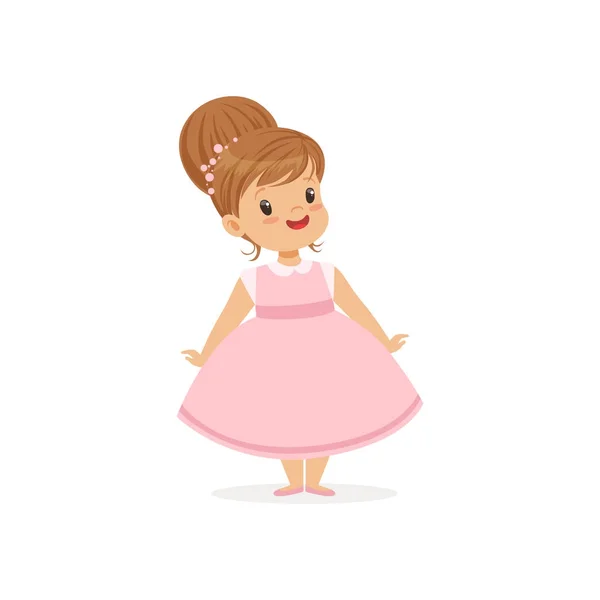Schönes kleines Mädchen posiert in rosa Kleid, junge Dame im klassischen Retro-Stil Vektor-Illustration gekleidet — Stockvektor
