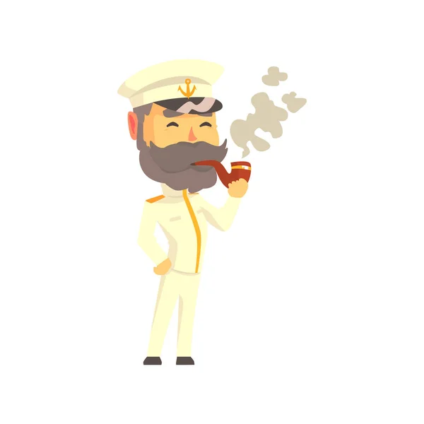 Ship captain in uniform smoking pipe cartoon vector Illustration — Stock Vector