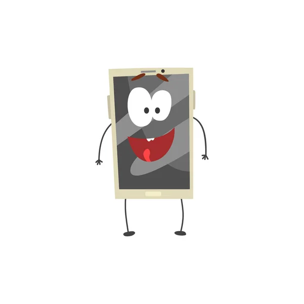 Söt glada leende smartphone karaktär med en grå skärm, armar och ben tecknade vektor Illustration — Stock vektor
