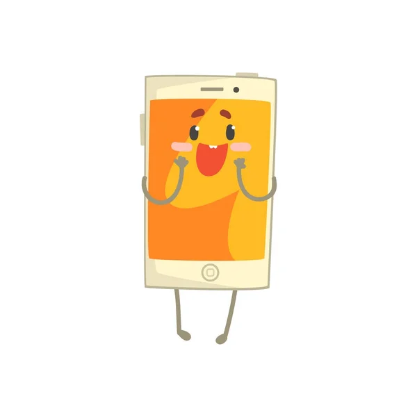 Mignon personnage smartphone surpris avec un écran orange, bras et jambes vecteur de dessin animé Illustration — Image vectorielle