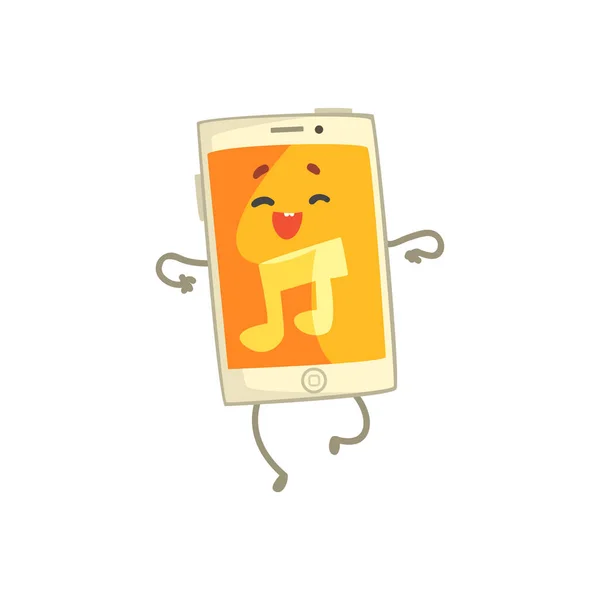 Cute smartphone character with an orange screen listening to music and dancing cartoon vector Illustration — Stock Vector