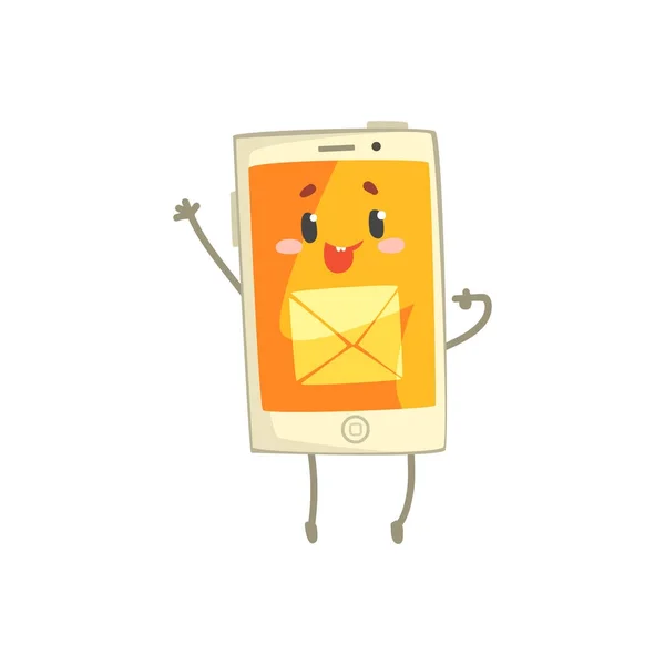 Personagem de smartphone sorridente bonito com sinal de correio em seu vetor de desenho animado de tela laranja Ilustração —  Vetores de Stock