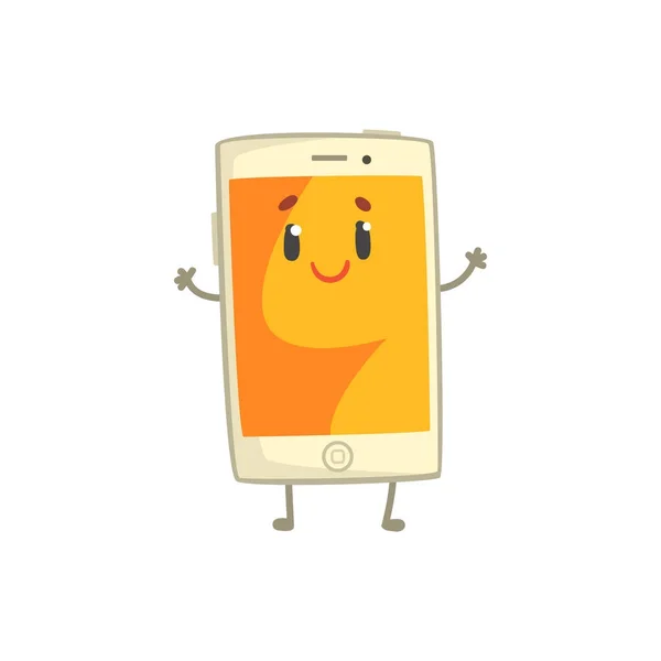 Mignon sourire personnage smartphone avec un écran orange, bras et jambes vecteur de dessin animé Illustration — Image vectorielle