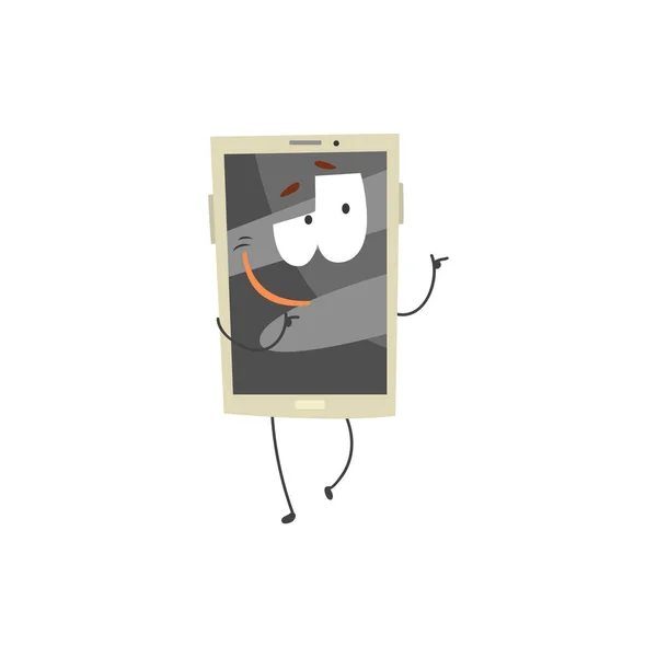 Söt leende smartphone karaktär med grå skärm, armar och ben tecknade vektor Illustration — Stock vektor