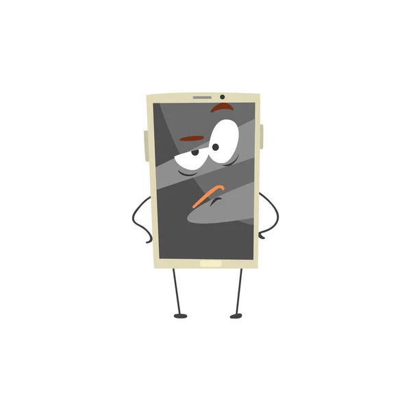 Personnage furieux smartphone avec un écran gris, bras et jambes dessin animé vecteur Illustration — Image vectorielle
