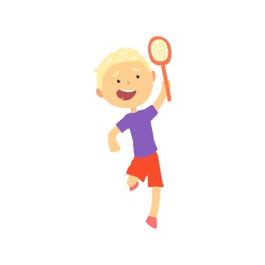 Gülümseyen sarışın çocuk tenis ya da badminton, oynayan çocuklar fiziksel aktivite karikatür vektör çizim