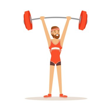 Erkek atlet karakter holding halter aktif spor yaşam tarzı vektör çizim yükseltilmiş ellerinde