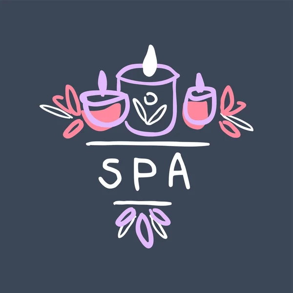 Plantilla de logotipo de spa, emblema con velas encendidas para el bienestar, vector dibujado a mano centro de yoga Ilustración — Vector de stock