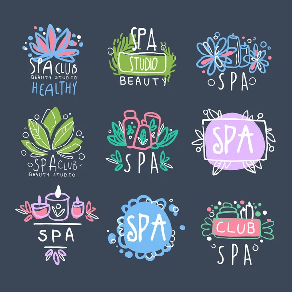 Spa beauty studio logo ontwerp stelt badge voor wellness, yoga centrum hand getrokken vector illustraties — Stockvector