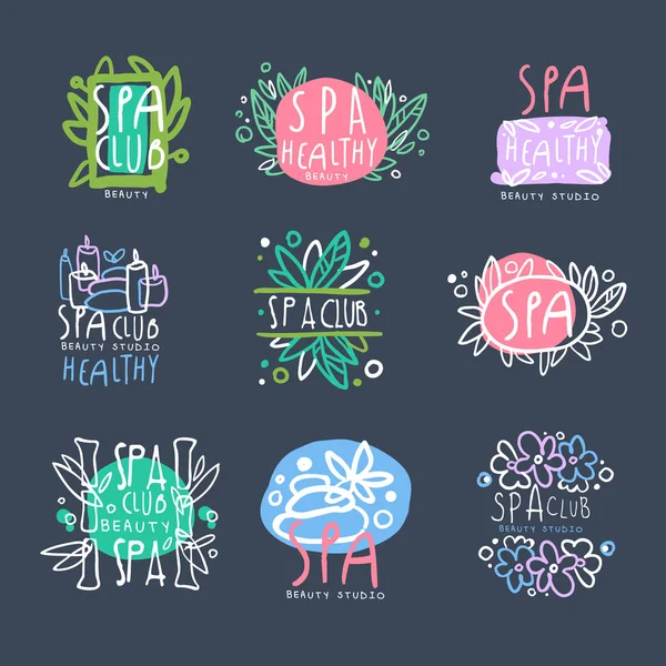 Spa club, beauty studio logotyp set, badge för wellness, yoga center hand dras vektor illustrationer — Stock vektor
