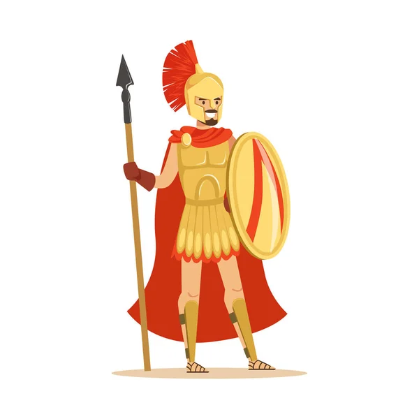 Spartan warrior character in armor and red cape with shield and spear, epic Greek soldier vector Illustration — Stock Vector