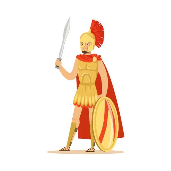 Personnage guerrier spartiate en armure et cape rouge avec bouclier et épée, vecteur soldat grec Illustration — Image vectorielle