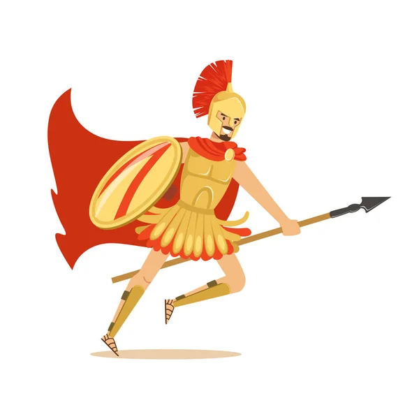 Spartan warrior character in golden armor and red cape running with spear, Greek soldier vector Illustration — Stock Vector