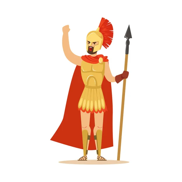 Spartan warrior character in armor and red cape with spear raised up clenched fist, Greek soldier vector Illustration — Stock Vector