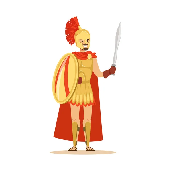 Spartan warrior character in golden armor and red cape with shield and sword, Greek soldier vector Illustration — Stock Vector