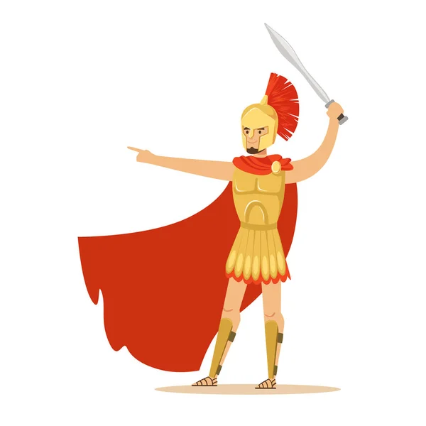 Spartan warrior character in golden armor and red cape gesturing with sword, Greek soldier vector Illustration — Stock Vector