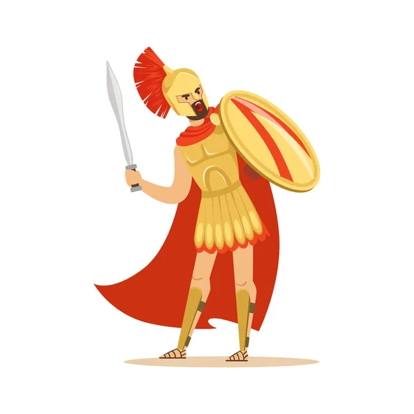 Spartan warrior character in golden armor and red cape holding shield and sword, Greek soldier vector Illustration — Stock Vector