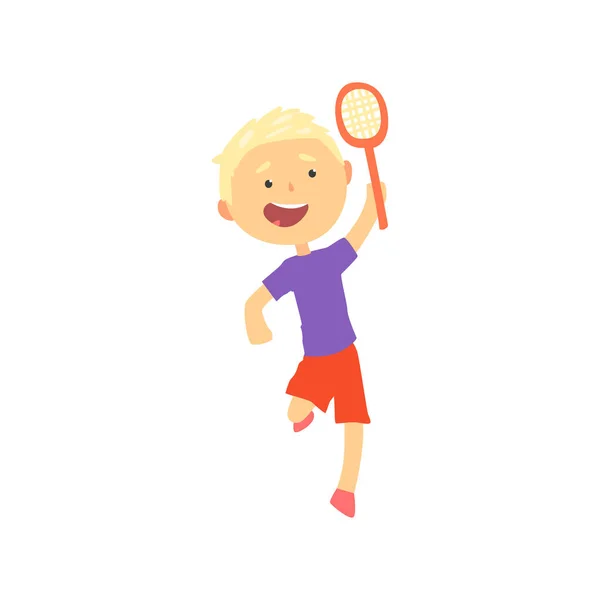 Lachende blonde jongen speelt tennis of badminton, kids lichaamsbeweging cartoon vector illustratie — Stockvector