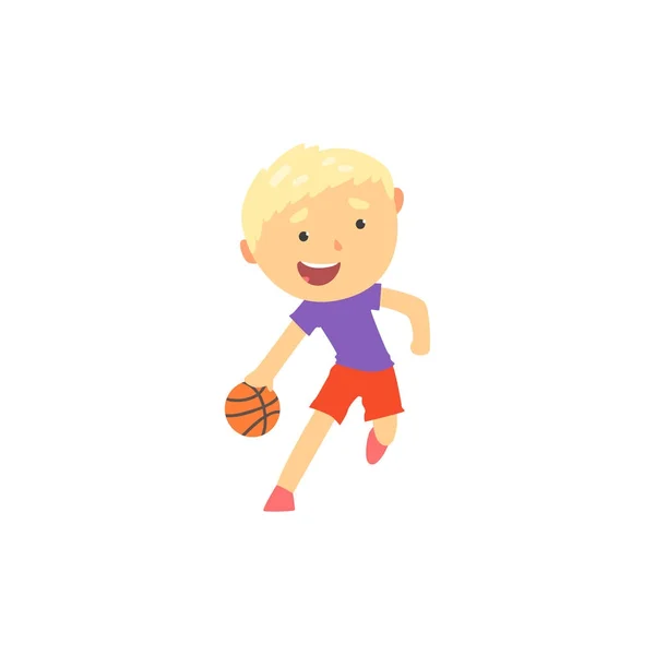 Ragazzo che gioca a basket, bambini attività fisica vettore del fumetto Illustrazione — Vettoriale Stock