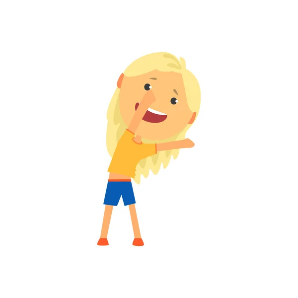 Fille blonde heureuse faisant de l'exercice sportif, inclinaison vers le côté, enfants activité physique dessin animé vecteur Illustration — Image vectorielle