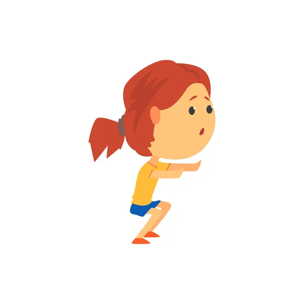 Mignon sportif fille accroupi, enfants activité physique dessin animé vecteur Illustration — Image vectorielle