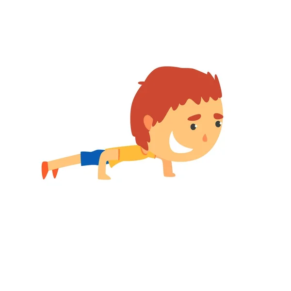 Menino esportivo fazendo empurrar para cima, crianças atividade física desenho animado vetor Ilustração —  Vetores de Stock