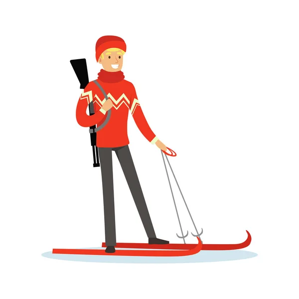 Mannelijke biatleet skiër karakter, actieve sport levensstijl vector illustratie — Stockvector