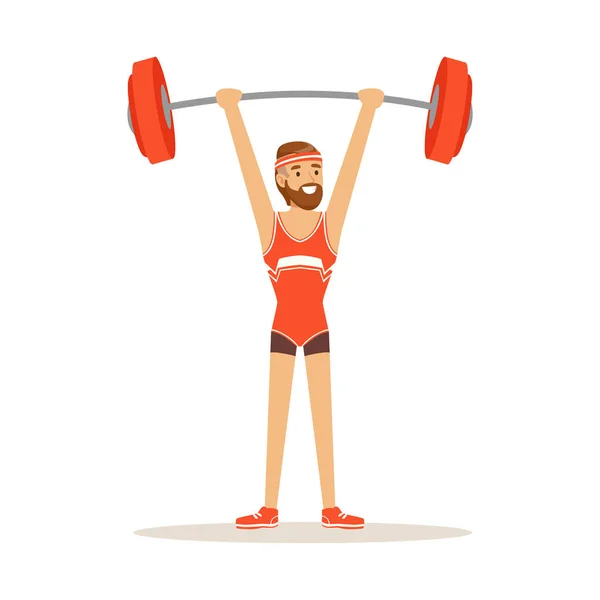 Hombre atleta personaje sosteniendo la barra en las manos levantadas, vector de estilo de vida deporte activo Ilustración — Vector de stock