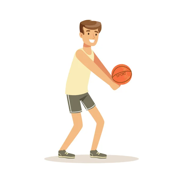 Male athlete character playing volleyball, active sport lifestyle vector Illustration — Stock Vector