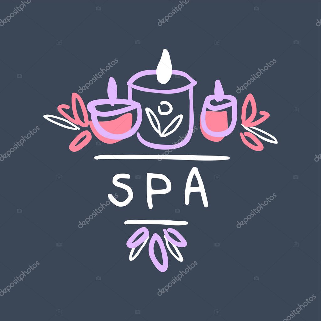 Spa logo template, emblem with burning candles for wellness, yoga center hand drawn vector Illustration on a dark blue background
