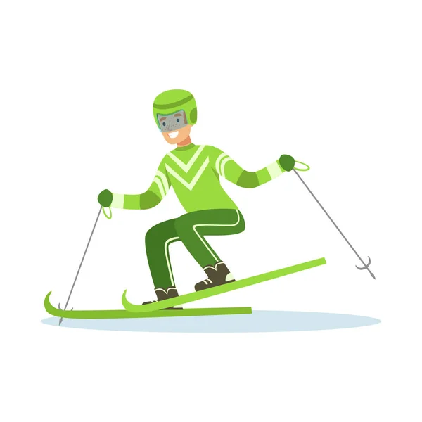 Männlicher Athletencharakter in Sportbekleidung Skifahren, aktiver Sport Lifestyle Vektor Illustration — Stockvektor