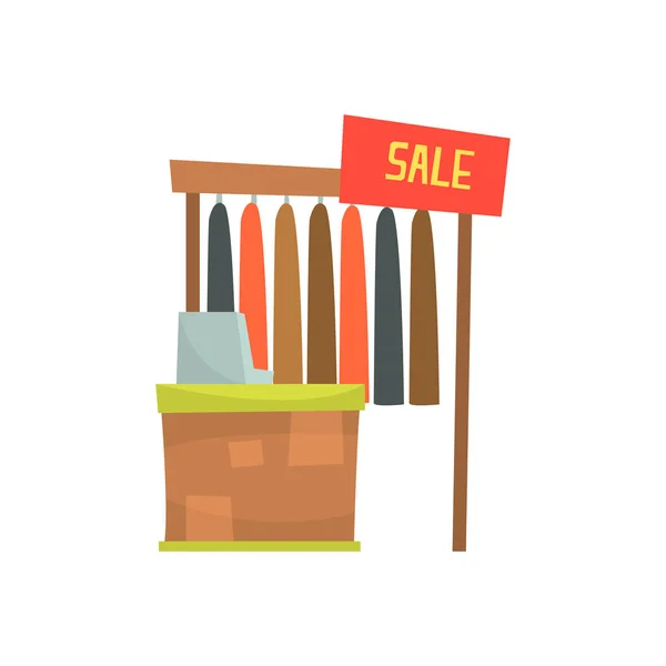 Kleding opslaan met kassa, verkoop balie in winkel cartoon vector illustratie — Stockvector