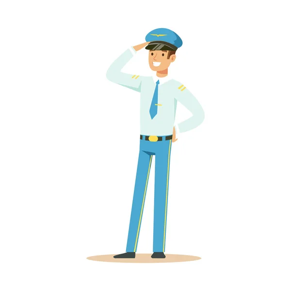 Smiling airline pilot in uniform standing and saluting vector Illustration — Stock Vector
