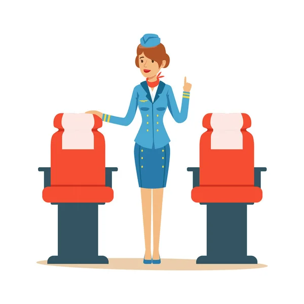 Стюардеса в синій формі обслуговування пасажирів на літаку, супровід польоту на літаку Векторні ілюстрації — стоковий вектор