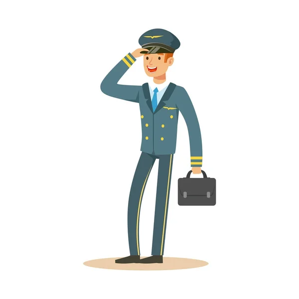 Pilota di linea sorridente personaggio in blu uniforme valigetta wuth, velivolo capitano vettore Illustrazione — Vettoriale Stock