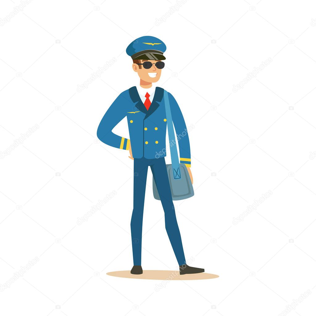 Smiling airline pilot character in blue uniform and sunglasses standing with bag, aircraft captain vector Illustration