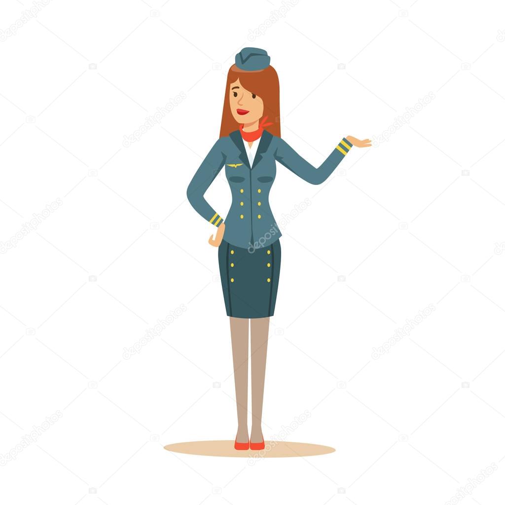 Stewardess in blue uniform doing a welcome gesture, flight attendant on airplane vector Illustration
