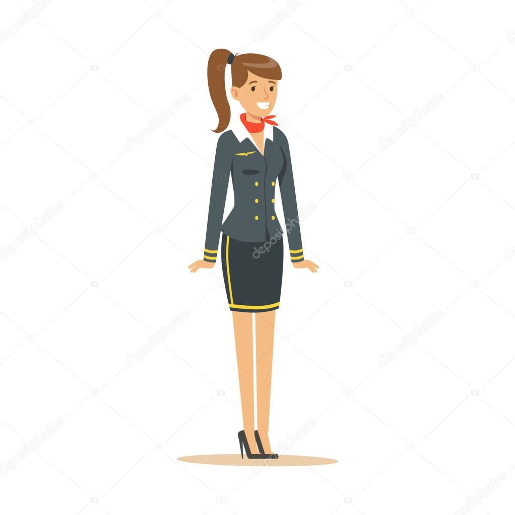 Smiling stewardess in blue uniform, flight attendant on airplane vector Illustration