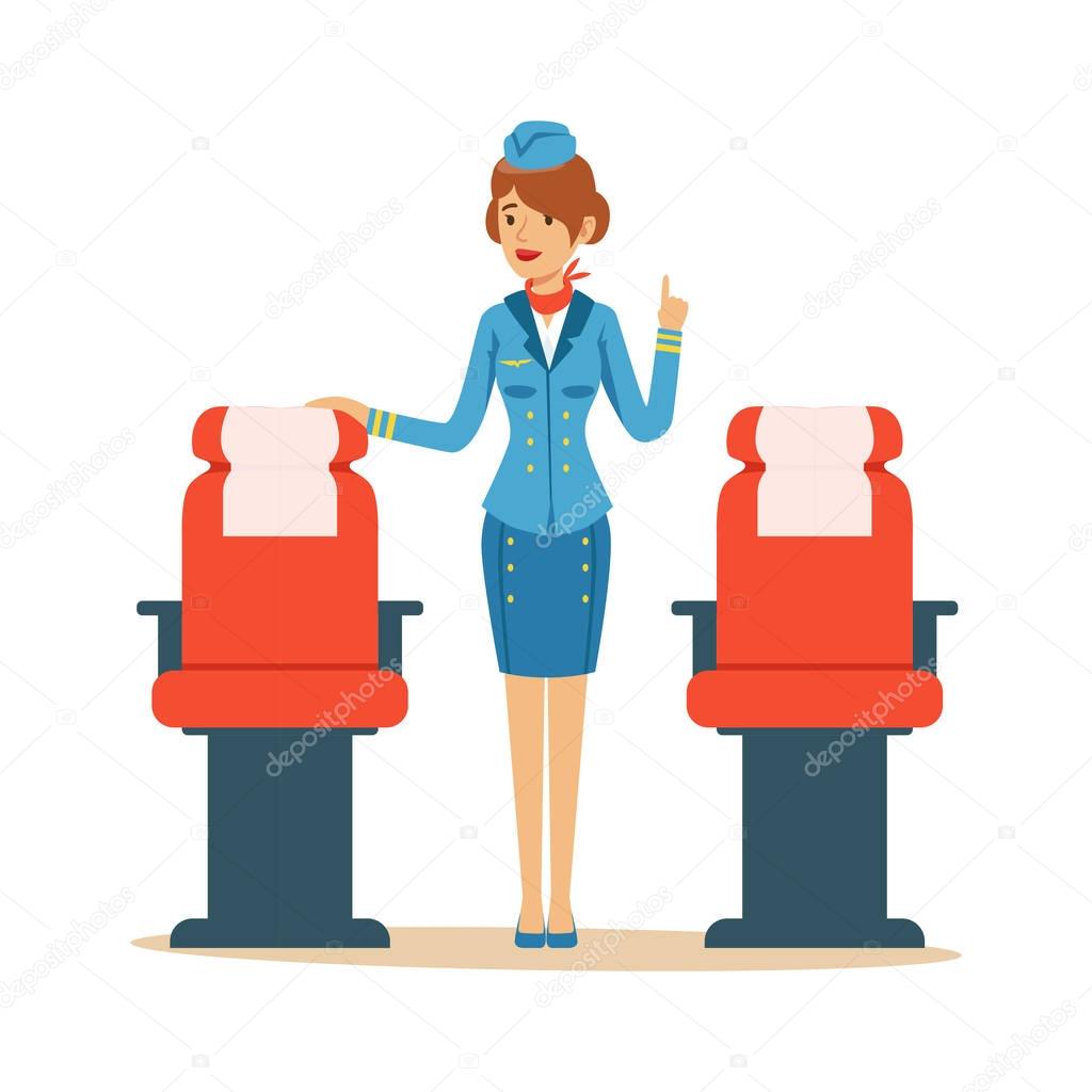 Stewardess character in blue uniform serving passengers on the airplane, flight attendant on airplane vector Illustration