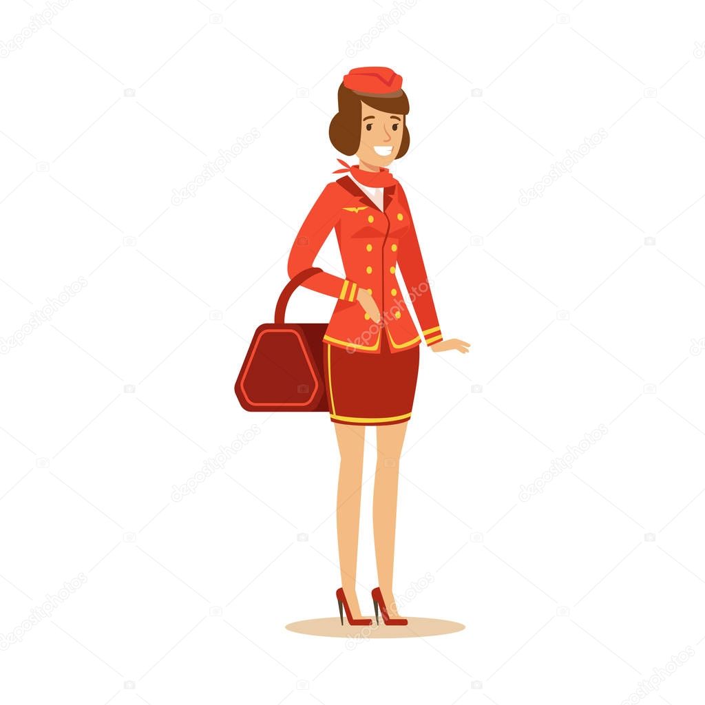 Smiling beautiful stewardess character in red uniform with bag, flight attendant on airplane vector Illustration