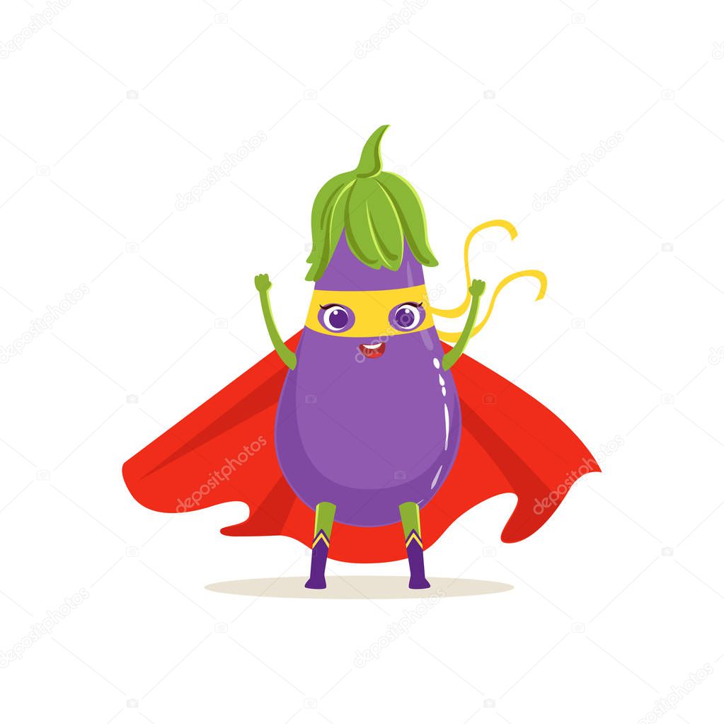 Cartoon character of superhero eggplant with hands up