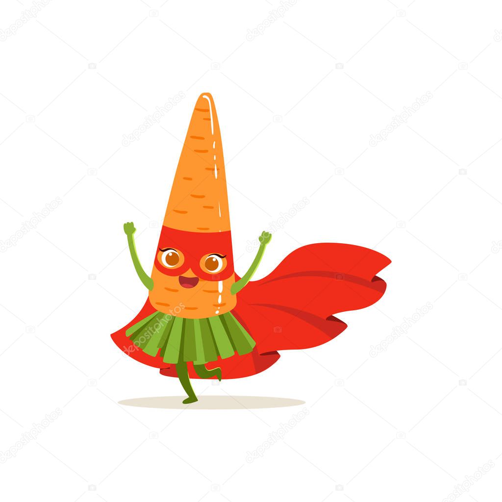 Cartoon character of superhero carrot have fun