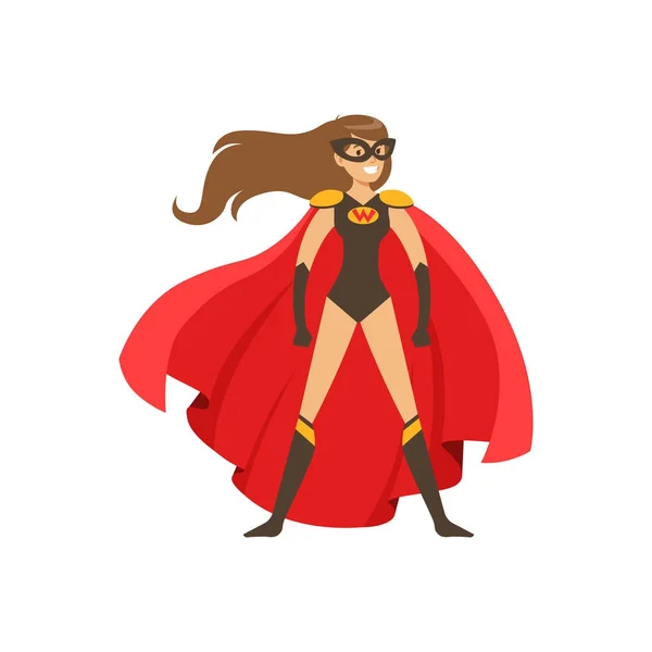 Kvinna superhjälte i klassiska comics kostym med röd cape — Stock vektor