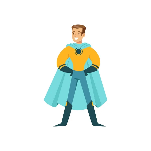 Superhero αγόρι στο κλασικό κόμικς κοστούμι στέκεται περήφανη — Διανυσματικό Αρχείο
