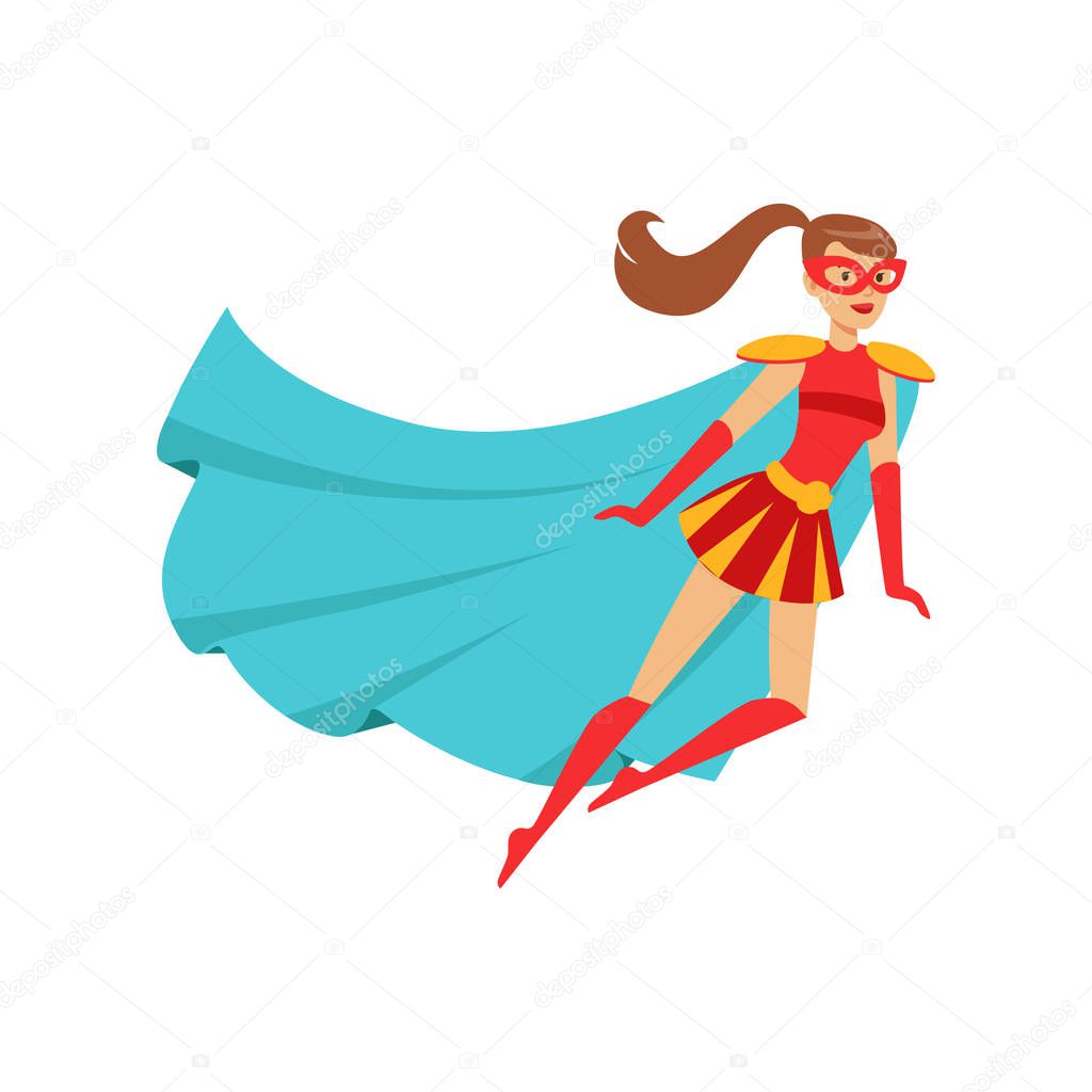 Girl superhero flying in red costume with blue cape