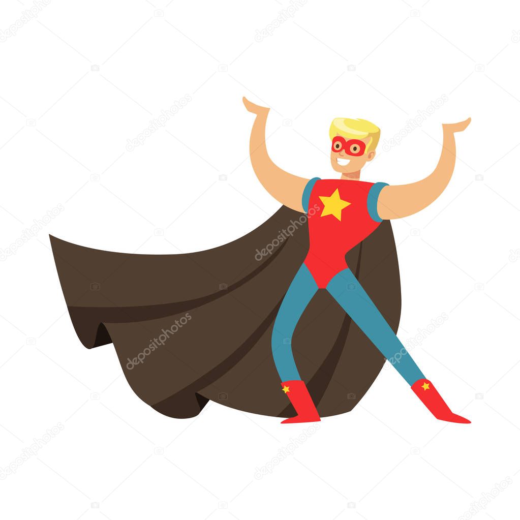 Male superhero in cape posing and showing muscles