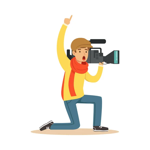 Camera operator ready to recording news video — Stock Vector
