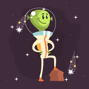 Gülümseyen uzaylı kayada bir ayağı gururla poz