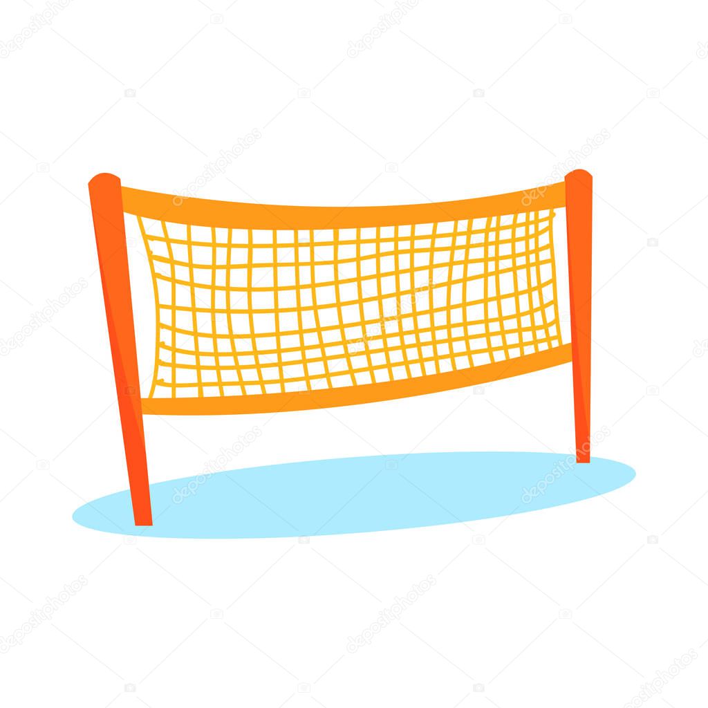Cartoon orange volleyball or badminton net for playing field in flat style. Item for team sport. Beach game equipment for activity play. Vector illustration icon isolated on white background.