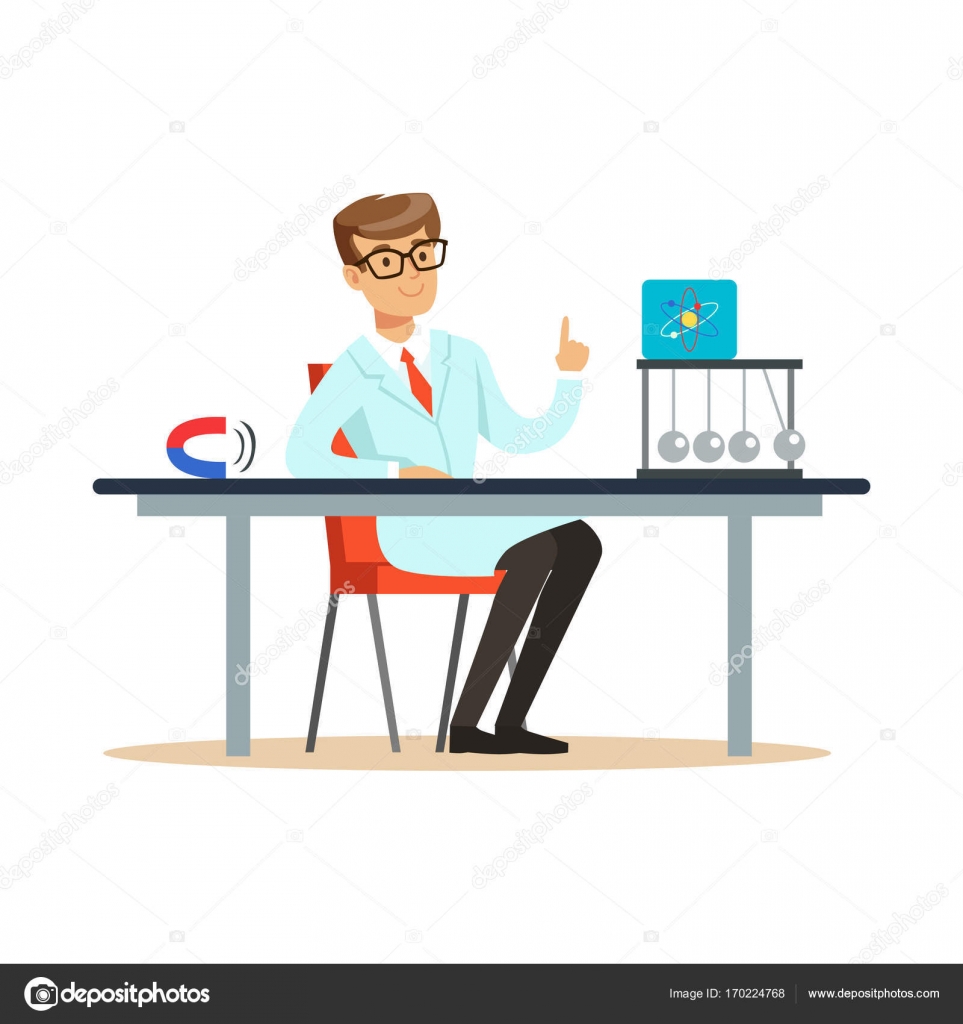 Young Physicist Sitting Behind The Desk With Hand Up Stock